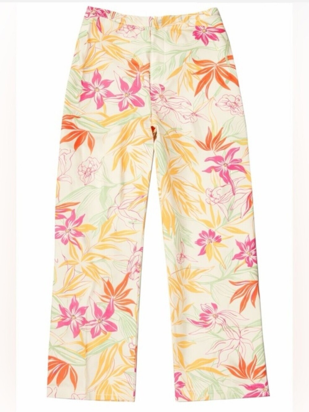 Talbots Silk-Cotton Cream Wide-Leg Flora Pants with Pink & Orange Blooms 16P